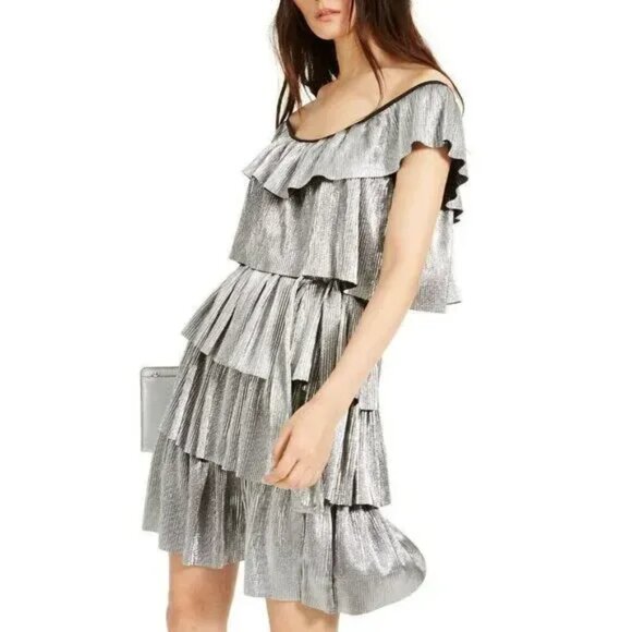 Michael Michael Kors Metallic Tiered Off-The-Shoulder Dress, Silver, M - Picture 2 of 13